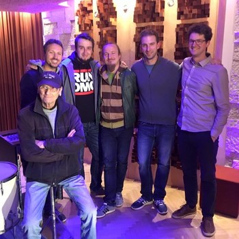 With Marjan Loborec, Jaka Kopač, Miha Koren, Tomaž Gajšt, Lenart Krečič after Marjan s fourth album recording session, at Štala Recordings (SLO), 2016 <em>Photo: Rok Lopatič</em>