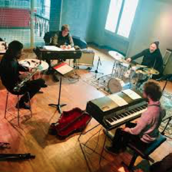 2 Rhodes 2 Roads live recording session, 2021 (with Gregor Vidic sax, Thomas Florin rhd, Francesco Miccolis drs) <em>Photo: AMR Webcam</em>